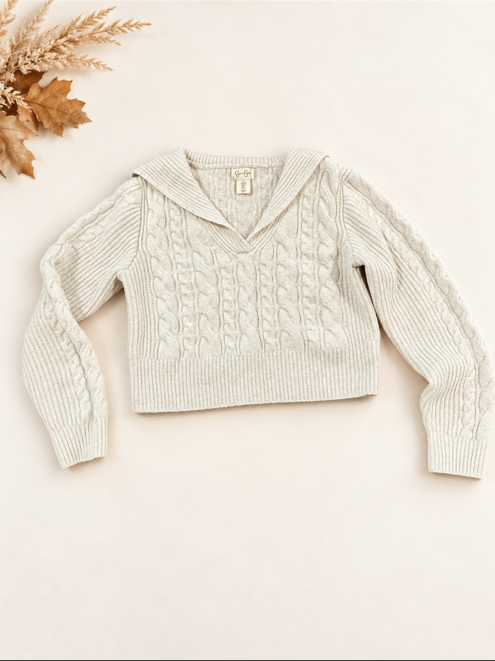 Jessica Simpson Cream Cable-Knit V-Neck Cropped Sweater L Cozy Fall
